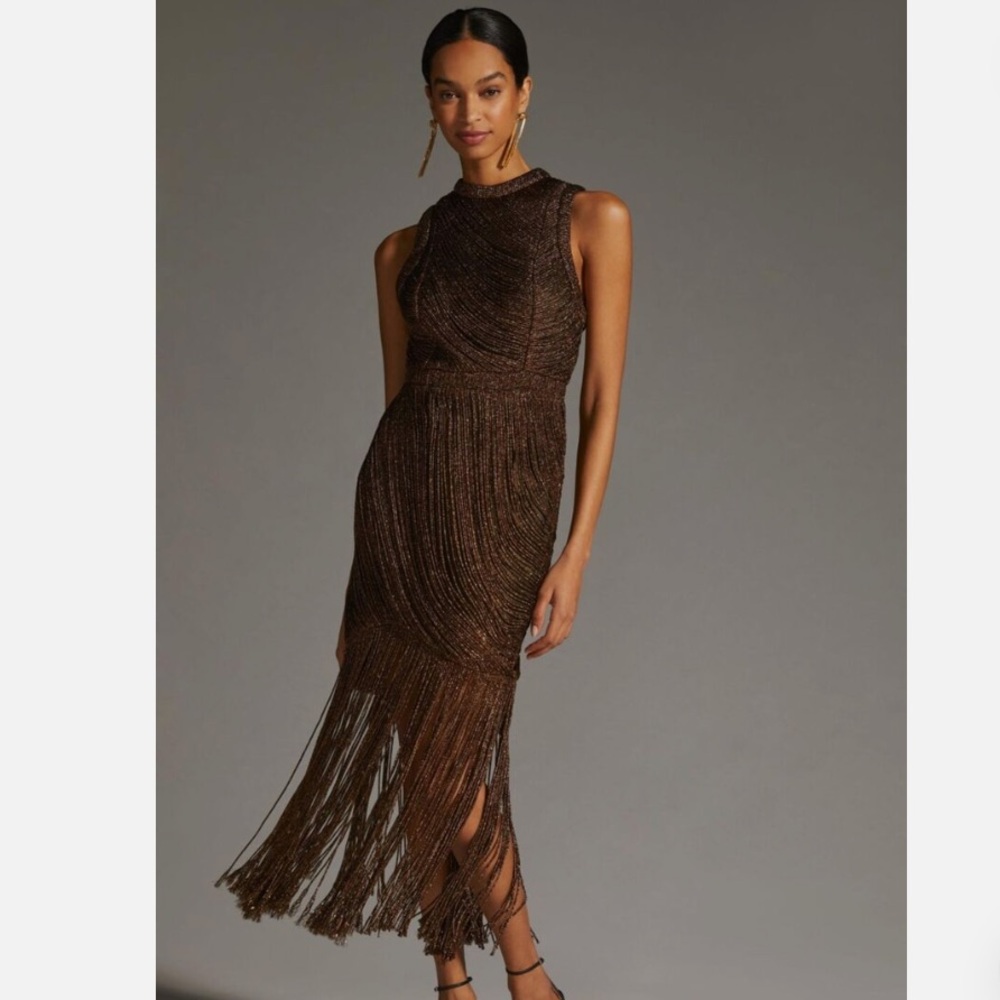 Anthropologie Bronze Metallic Fringe Midi Dress